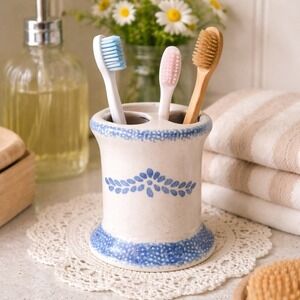 Ceramic Toothbrush Holder Blue Floral Spatterware Vanity Organizer‎